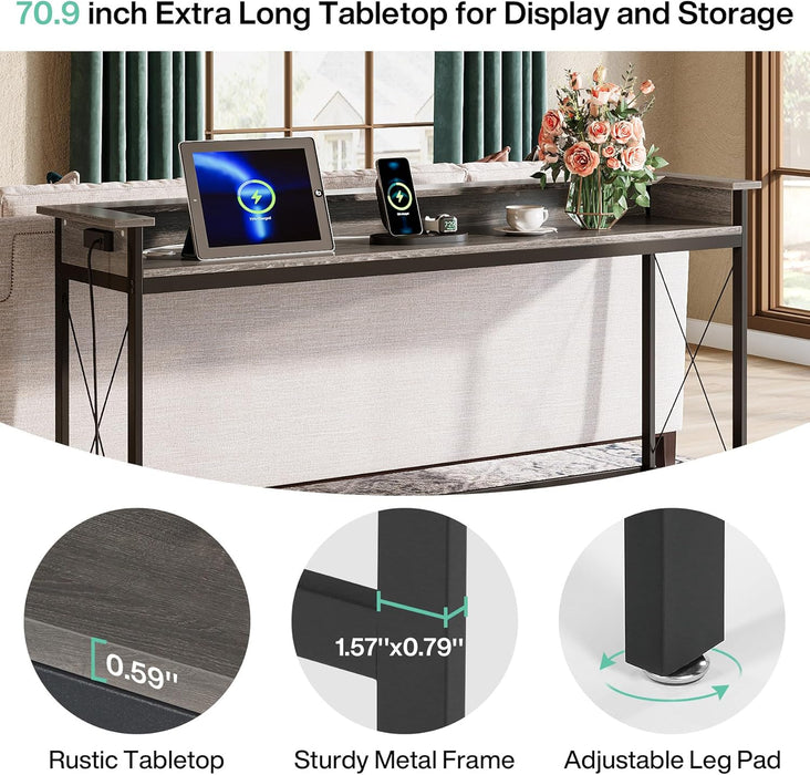 Sofa Table with Outlets and USB Ports, 70.9 Inch Extra Long Console Table behind Couch with Charging Station, Industrial Narrow Entryway Hallway Accent Table for Living Room