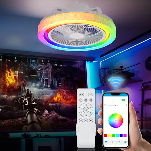 20" Ceiling Fan with Lights & Remote, RGB Dimmable LED Enclosed Ceiling Fans with Bluetooth Speaker, RGB 7 Colors LED Light, 6 Wind Speeds & App Timing Setting, White