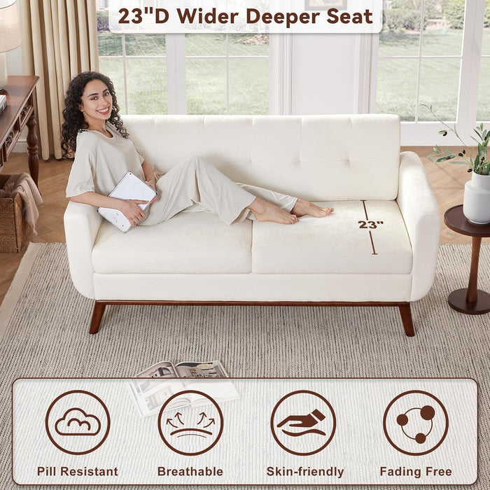 65.2" W Loveseat Sofa, Mid Century Modern Decor Love Seat Couches for Living Room, Button Tufted Upholstered Furniture, Solid & Easy to Install Small Couch for Bedroom Office Apartment, White