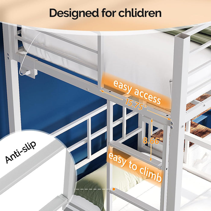 Twin over Twin Bunk Bed with Desk, 15'' Extra High Guardrail Loft Bed with LED Lights,2 Charging Station,And 2 Storage Drawers,2 Deckers Bed,Metal Space Saving Platform Bed with Vanity,White