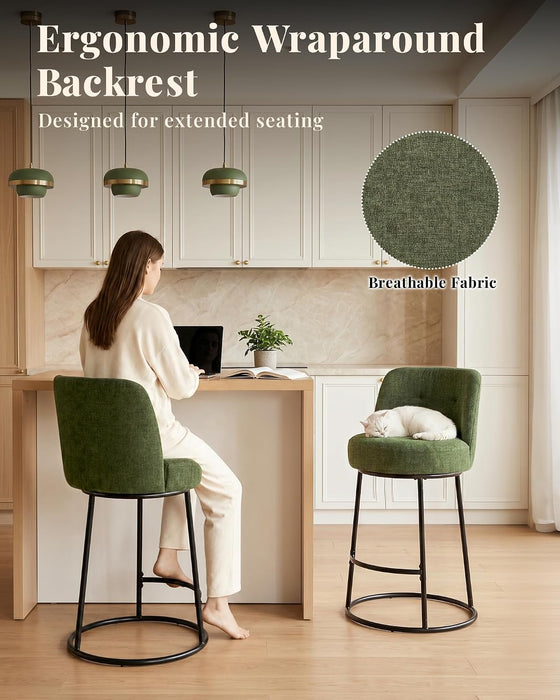 360° Swivel Bar Stools Set of 2, 26" H Modern Linen Counter Height Barstools, Upholstered Counter Stools with Ergonomic Wide Back & Metal Base for Kitchen Island, Dining Room, Green