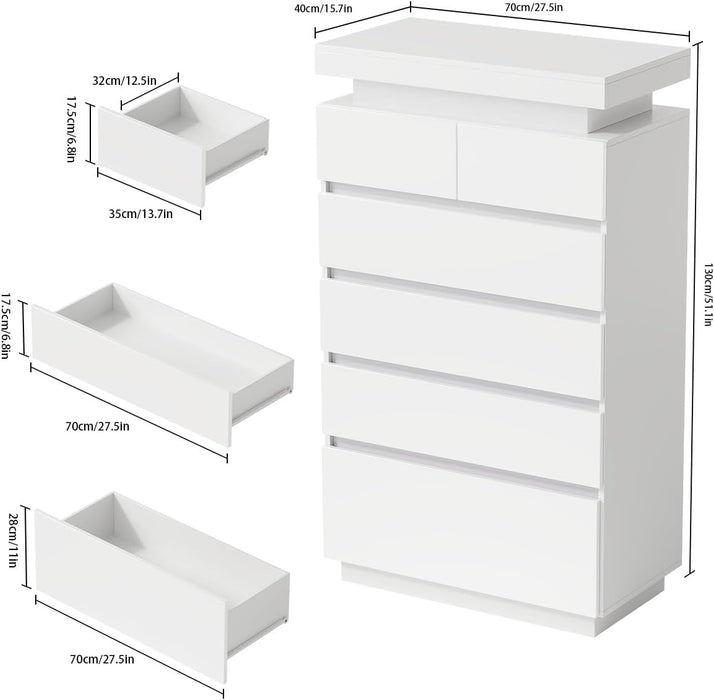 6 Drawer Dresser for Bedroom with LED Lights, White Modern High Gloss Chest of Drawers for Closet, Tall Drawer with Adjustable LED Light, for Living Room, Entryway, Dressing Room