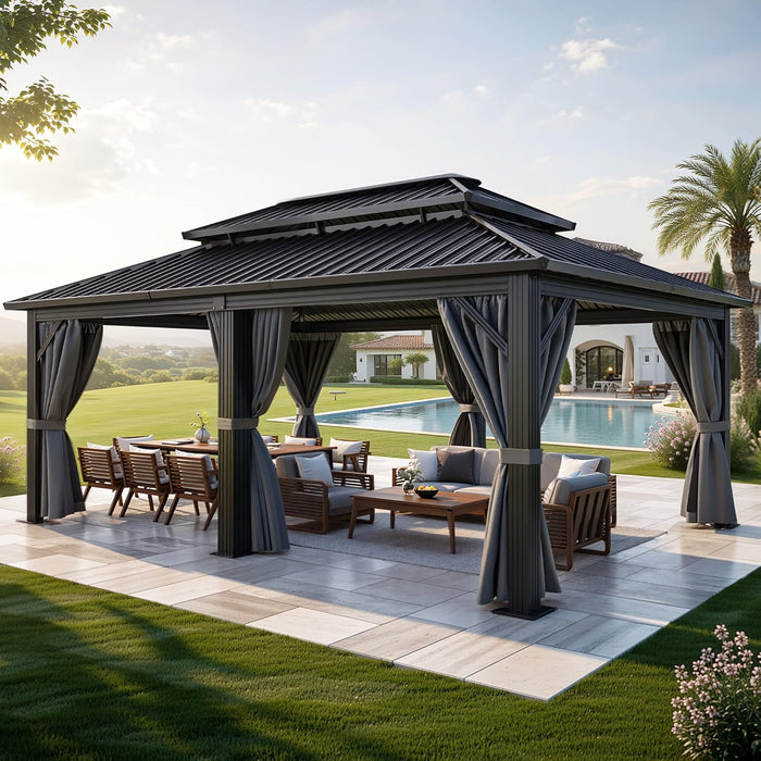 18X12Ft Aluminum Gazebo Hardtop Double Roof Canopy Outdoor Gazebo Galvanized Roof with Netting and Curtain Garden Tent for Patio, Backyard and Deck