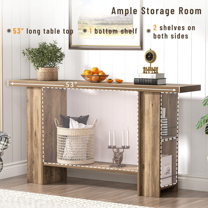 53 Inch Long Entryway Table, 2-Tier Wood Console Table with Storage Side Shelves, Farmhouse Sofa Table for Living Room, Narrow Hallway Foyer Table behind Couch for Home Decor, Rustic Oak