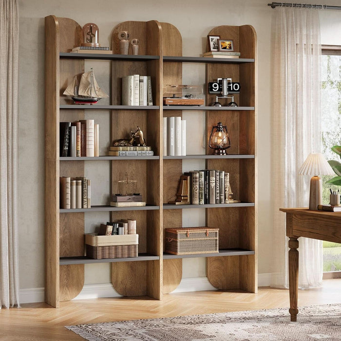 70.87" Tall Farmhouse Bookshelf, 5-Tier Double Wide Bookcase with Open Shelves, Vintage Bookshelf for Living Room, Office, Study Room, Bedroom（Brown）
