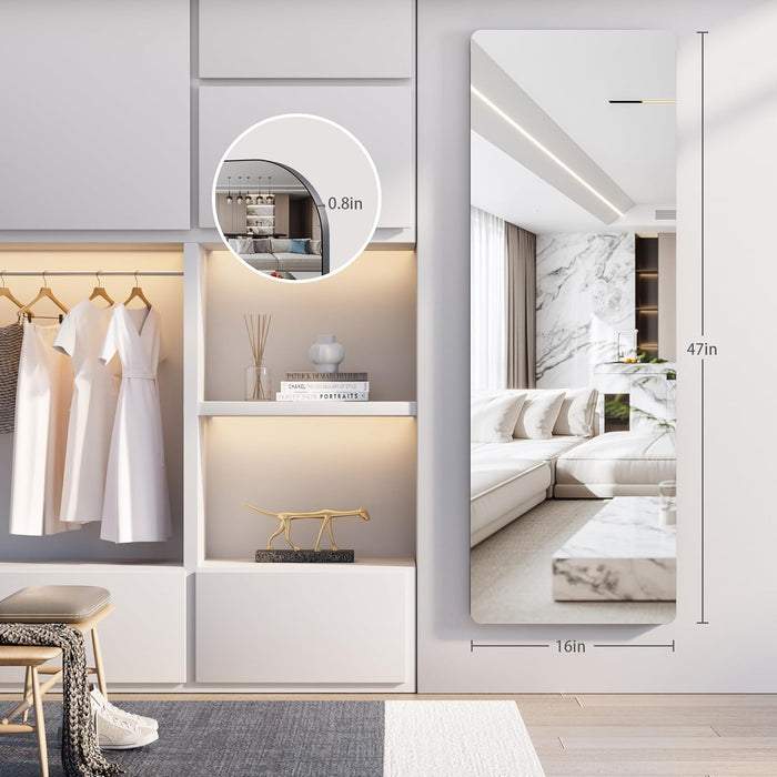 Door Mirror Full Length, 47"X 16" Full Body over the Door Hanging Wall Mounted Mirror for Bedroom, Living Room, Cloakroom, round Black