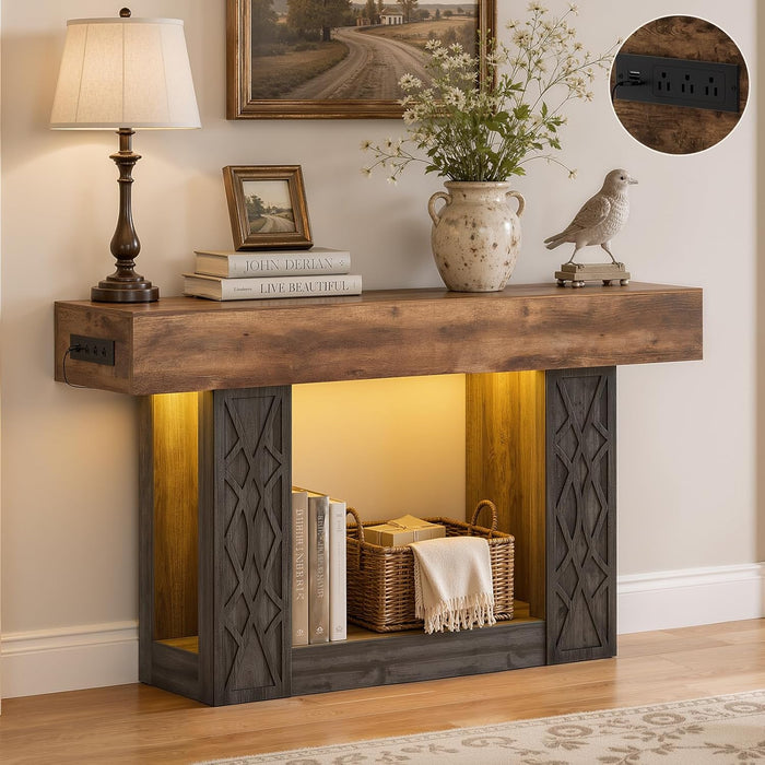 47" Console Table with Outlets & LED Lights, Farmhouse Entryway Table with Unique Geometric Pattern, Sofa Table behind Couch with 2-Tier Storage for Living Room, Hallway, Foyer, Grey & Brown