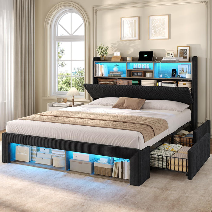 Queen Bed Frame with 4 Storage Drawers, 2 Footboard Cubbies and RGB Lights, Corduroy Upholstered Platform Bed with Charging Station and Storage Headboard, No Box Spring Needed, Black