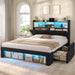 Queen Bed Frame with 4 Storage Drawers, 2 Footboard Cubbies and RGB Lights, Corduroy Upholstered Platform Bed with Charging Station and Storage Headboard, No Box Spring Needed, Black