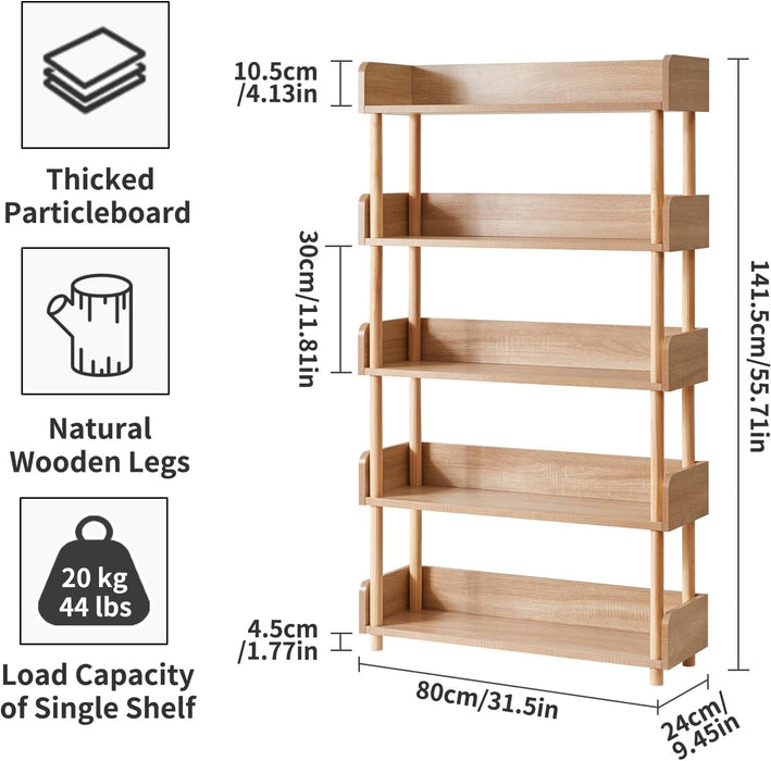 5 Tier Bookshelf, Free Standing Wooden Bookcase with Open Storage Shelves, Sturdy Shelf Organization Display Rack for Living Room, Bedroom, Home Office, Oak Color YD-BC006R