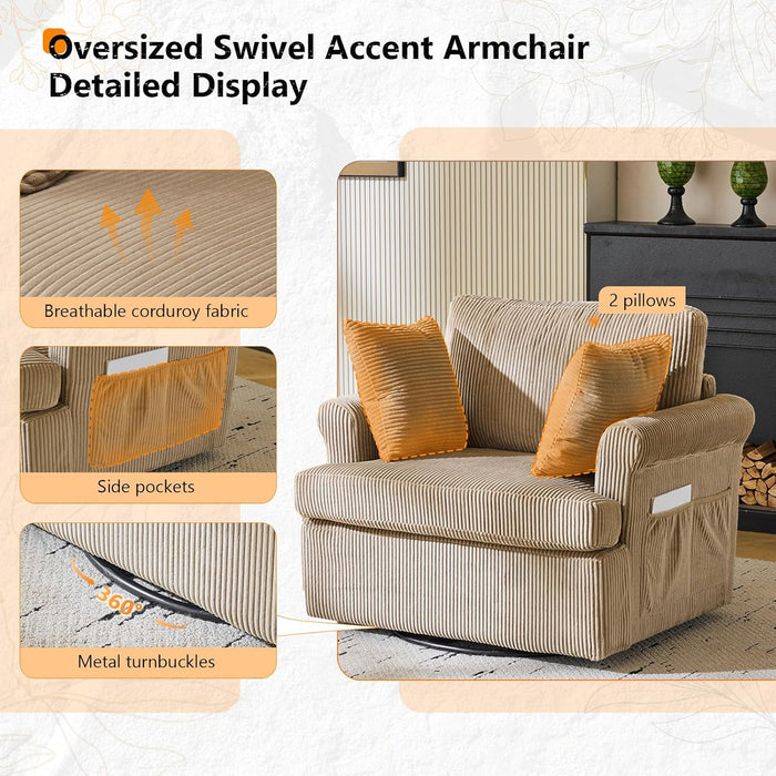 VINGL 39.2" Wide 360° Swivel Accent Armchair with 2 Pillows, Oversized Single Sofa, Chair and a Half with Side Pockets and Wide Armrest for Living Room, Bedroom, Reading Room, Corduroy Khaki