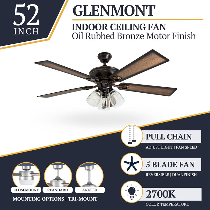 Glenmont, 52 Inch Farmhouse LED Ceiling Fan with Light, Pull Chain, Three Mounting Options, Dual Finish Blades, Reversible Motor - 40278-01 (Oil-Rubbed Bronze)