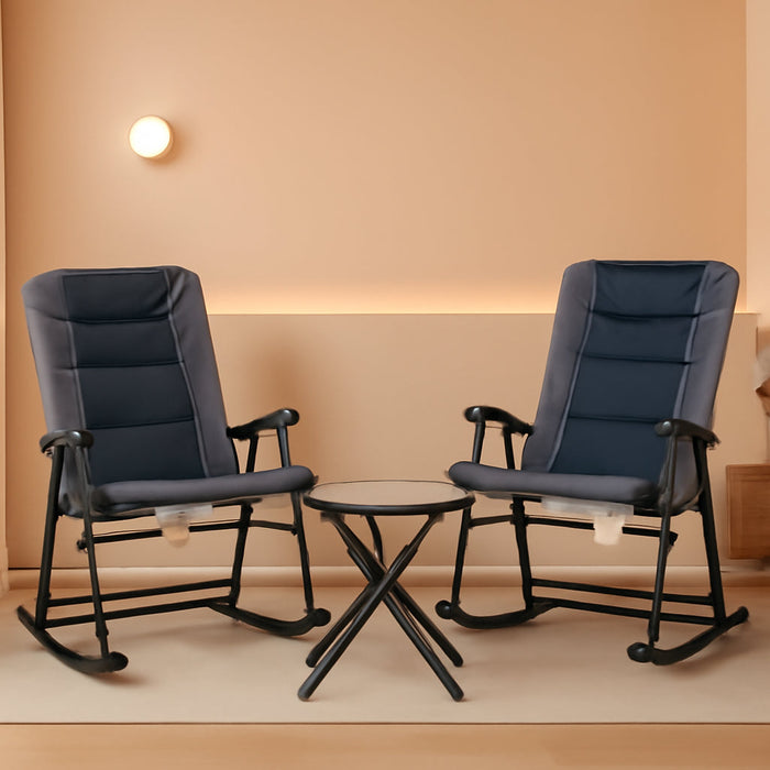 3 Piece Outdoor Patio Furniture Set with Glass Coffee Table & 2 Folding Padded Rocking Chairs, Bistro Style for Porch, Camping, Balcony, Navy Blue