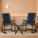3 Piece Outdoor Patio Furniture Set with Glass Coffee Table & 2 Folding Padded Rocking Chairs, Bistro Style for Porch, Camping, Balcony, Navy Blue
