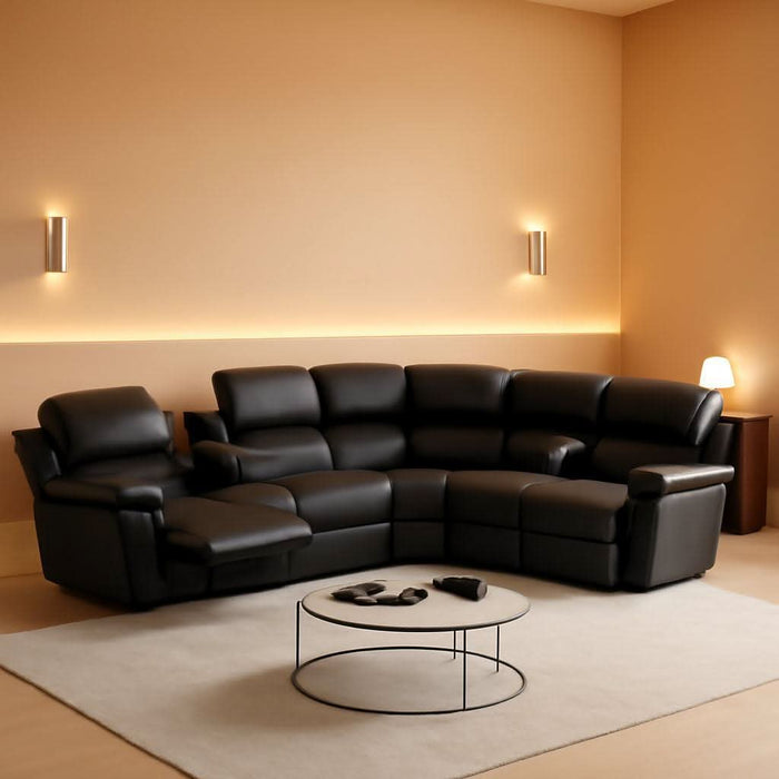Reclining Sectional Sofa Set, L Shaped PU Leather Recliner Couch with Cup Holder and Storage Console for Home Theater & Living Room, Black