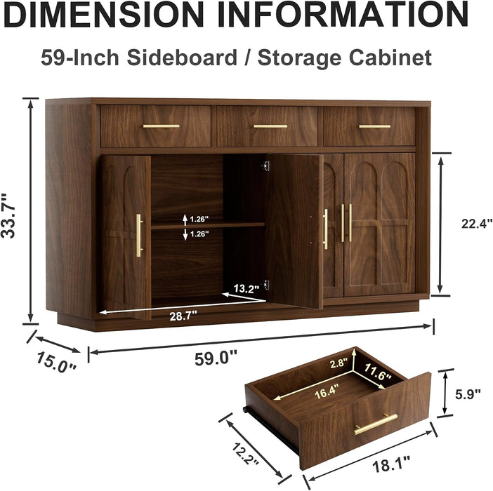 59" Sideboard Buffet Cabinet, 3 Drawers, 4 Doors, Walnut | Modern Coffee Bar Cabinet with Gold Handles, Long Sideboard Buffet Table for Kitchen