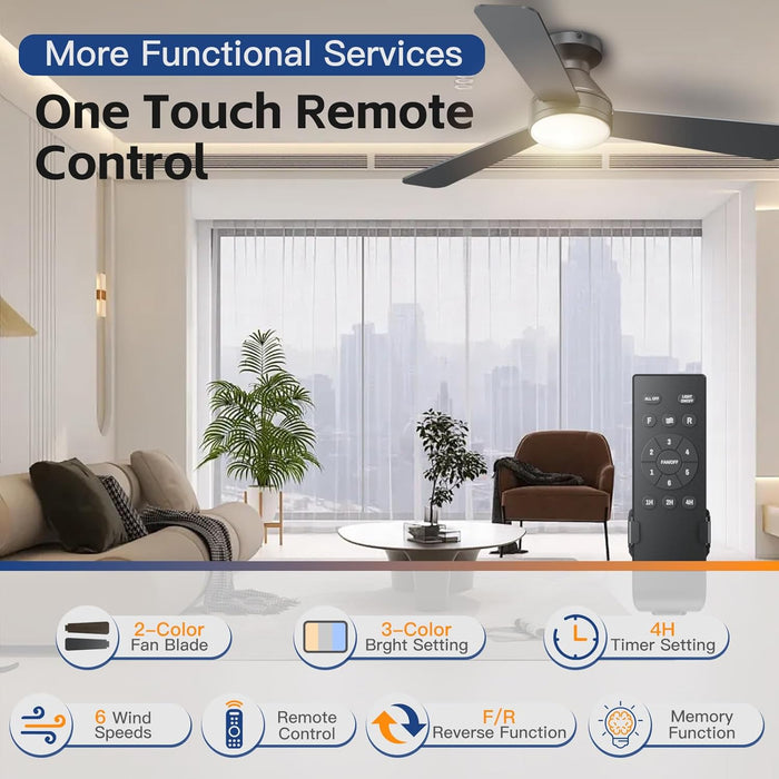 Ceiling Fans with Lights, 42 Inch Ceiling Fan with Light and Remote, 3CCT Flush Moun Low Profile Ceiling Fans, 6 Speed Noiseless LED Ceiling Fan, Black Ceilings Fan with Remote for Bedroom Living Room