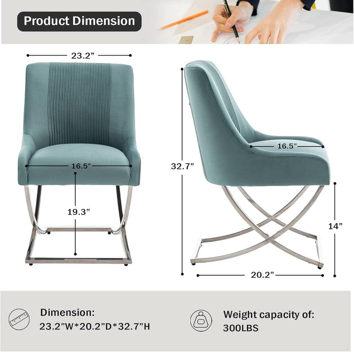 Kitchen Dining Chairs Set of 2,Accent Modern Upholstered Velevt,Contemporary Tufted Metal Chairs with X-Shaped Sliver Legs for Dining Room,Living Room, Reception Room(Green)