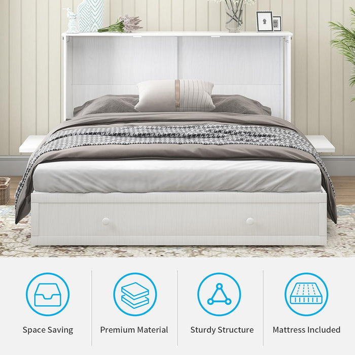 Murphy Bed Cabinet with Built-In 3 Charging Station and 2 Storage Drawers, Solid Wood Cabinet Bed Queen Size with Mattress, Murphy Cube Chest Bed for Guest Room (White-Murphy Bed A)