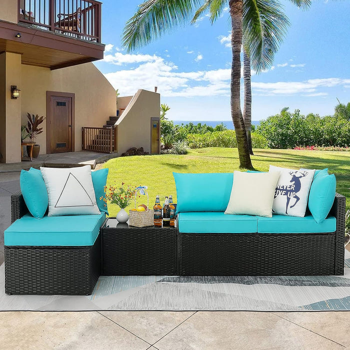 5 Pieces Patio Furniture Sets, Outdoor Sectional Sofa, All Weather Rattan Wicker Couch with Glass Table, Patio Conversation Set for Porch Backyard Garden Pool Deck Balcony