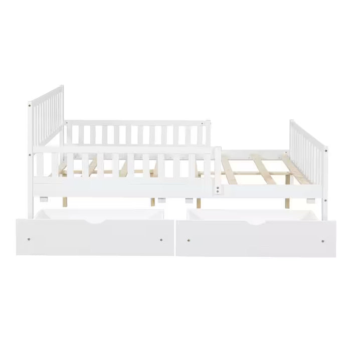 White Wood Frame Full Size Platform Bed with Guardrails on Both Sides and 2-Storage Drawers