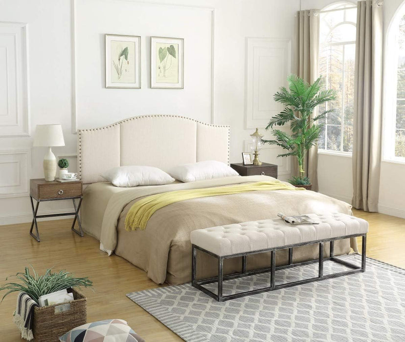 Middle Century Linen Upholstered Tufted King Size Headboard with Antique Brass Nail Heads Trim King/California King Headboard-Ivory
