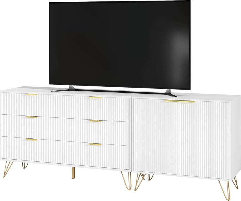 78” Fluted TV Stand for Tvs up to 80 Inch, Entertainment Center with Storage and Adjustable Shelves, Modern Media Console with Golden Handles for Living Room, White