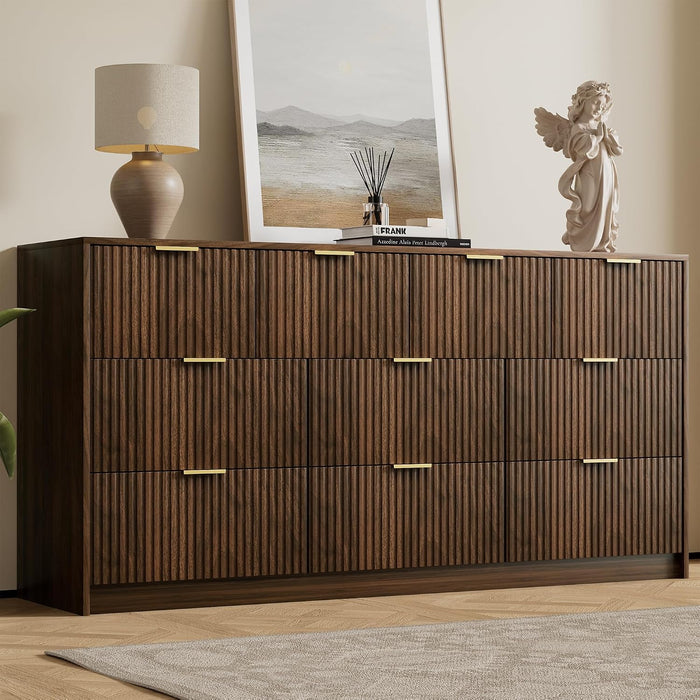 Walnut 10 Drawer Dresser for Bedroom, 63" Wide Fluted Wood Dresser