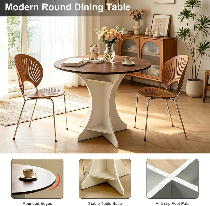32" round Dining Table Modern Circle Small Kitchen Table for 2-4 People Farmhouse Dining Room Table with Amber Wood Top & Pedestal Base for Dining Room/Kitchen/Living Room