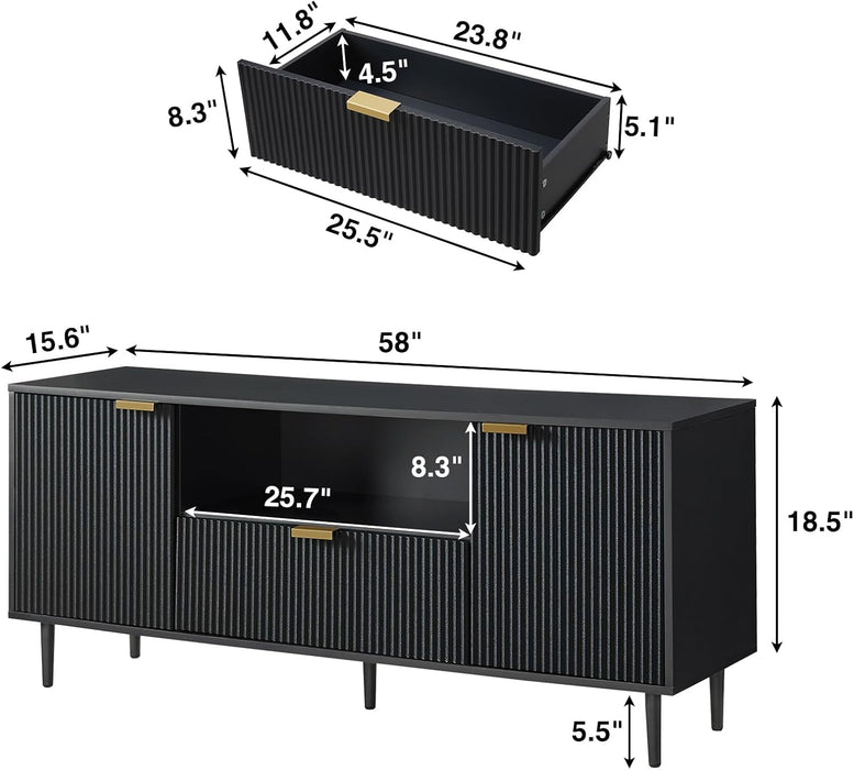 Black TV Stand for 65 Inch TV, TV Consoles for Living Room, TV Stand for Bedroom W/Drawer and Storage, Wood Fluted Panel Media Console, Entertainment Center W/Soft Hinge & Cable Management