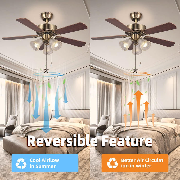 42 Inch Indoor Ceiling Fan with Pull-Chain and Three LED Light Bulbs Base, Traditional 3-Speeds Reversible Blades Ceiling Fan (Antique)