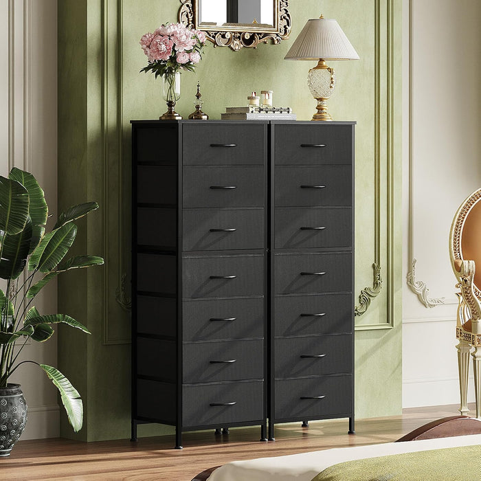 Black Tall Dresser for Bedroom, 7 Drawer Dressers & Chests of Drawers, Fabric Dresser for Closet, Living Room, Night Stand with Metal Frame, Storage Tower with Fabric Bins, Wood Top