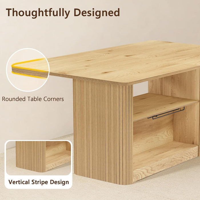 63" Dining Table with Storage, Farmhouse Rectangular Kitchen Table | Fluted Kitchen Table for 6-8 with 2-Tier Storage Shelf, Farmhouse Wood Table
