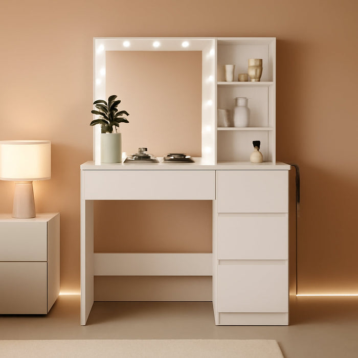 Makeup Vanity with Lights, 37Inch Vanity Desk with Power Strip, 4 Drawers Makeup Table with Lighted Mirror, 3 Lighting Colors, White