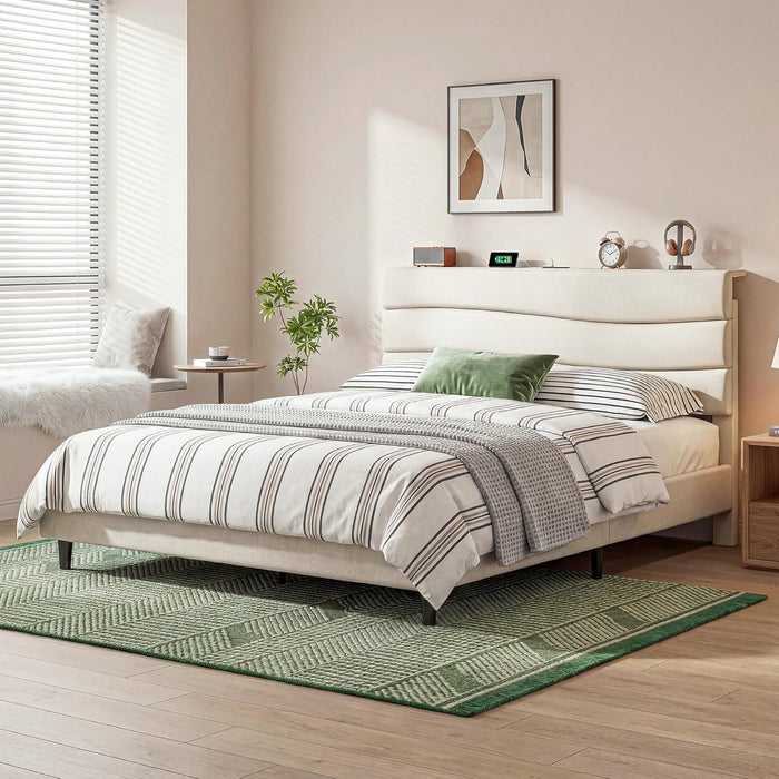 Queen Size Bed Frame, Upholstered Queen Bed Frame with Charging Stations, Storage Headboard Adjustable, Bedroom, Apartment, Dorm, Noise-Free, No Box Springs Needed, Beige