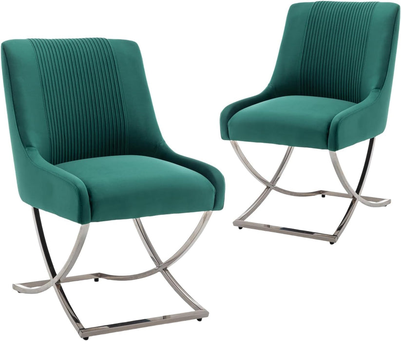 Kitchen Dining Chairs Set of 2,Accent Modern Upholstered Velevt,Contemporary Tufted Metal Chairs with X-Shaped Sliver Legs for Dining Room,Living Room, Reception Room(Dark Green)