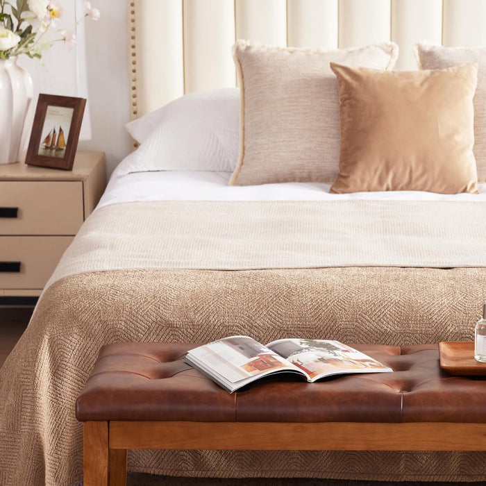 Ottoman Bench Upholstered Padded Seat with Solid Wood Legs and Button-Tufted, Big Oversized Ottoman, Faux Leather Retro Brown