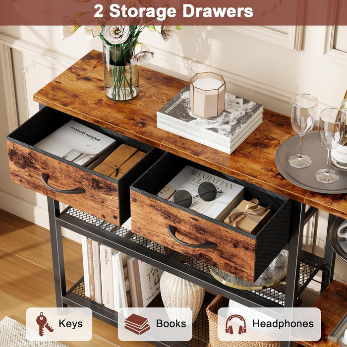 44'' Entryway Table, Industrial Console Sofa Table with Metal Mesh Storage Shelves, Shoe Rack Display Shelf for Front Door, Couch, Kitchen, Fabric Drawers, Rustic Brown