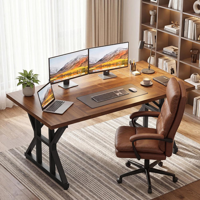 71 Inch Executive Desk, Large Computer Office Desk Workstation with Thick Desktop & Heavy Duty Metal Legs, Modern Industrial Writing Study Table for Home Office (Deep Brown/Black)