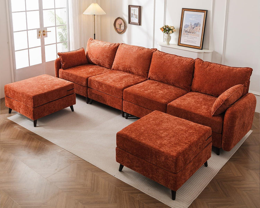 135'' Modular Sectional Sofa with All Seats Storage, Oversized U Shaped Couch for Living Room,4-Seater Comfy Cloud Couch with Movable Ottoman,Big Sectional for Bedroom,Velet,Orange