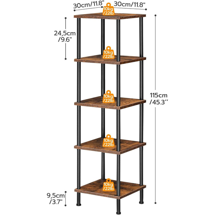 5-Tier Corner Shelf Stand, Corner Square Rack Display Shelf, Tall Storage Plant Stand, Bookcase for Small Spaces, Living Room, Home Office, Kitchen, Rustic Brown and Black BF50CJ01