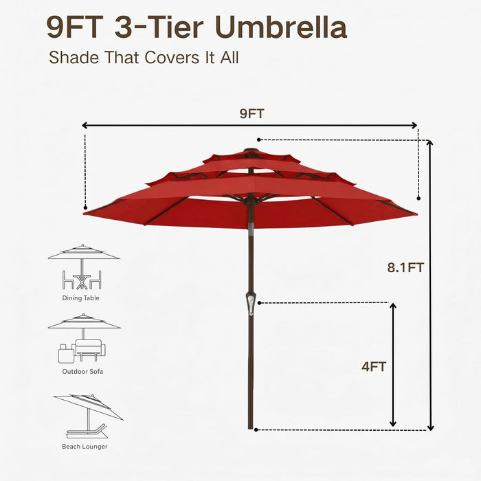 9Ft 3-Tier Patio Umbrella, Outdoor Table Umbrella with Easy Crank & Tilt, 8 Reinforced Ribs, UV Protection for Deck, Pool, Market, Backyard (Red)
