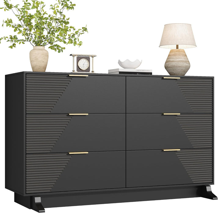 47.24" Wide Dresser for Bedroom, 6 Drawer Black Dresser with Fluted Design & Gold Metal Handle, Chest of Drawers Dressers with Sturdy Base, Wood Dressers for Bedroom, Living Room, Hallway