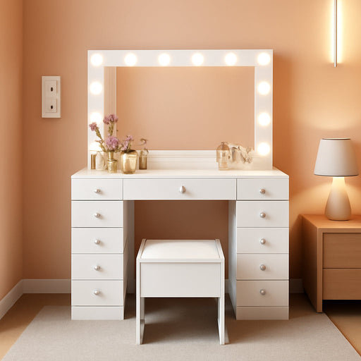 White Makeup Vanity With Illuminated Mirror Drawers