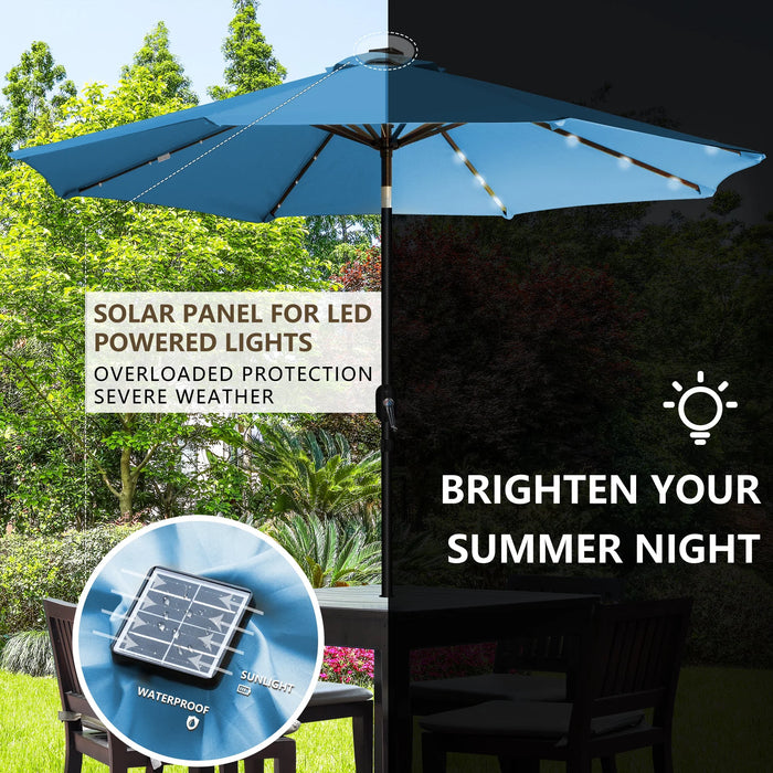 9 Ft 32 LED Patio Solar Umbrella W/ Push Button Tilt and Crank Outdoor Umbrella, Aqua