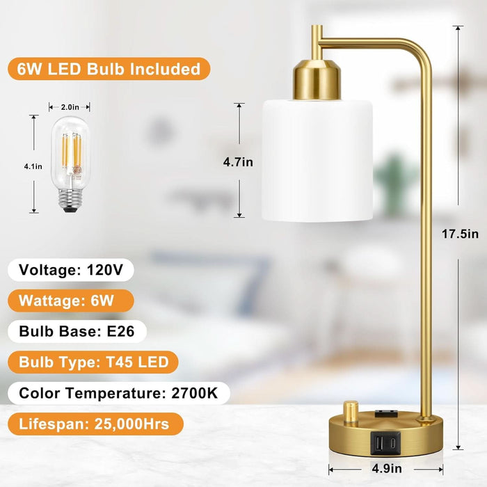 Gold Lamp for Bedroom - Industrial Bedside Table Lamp with USB Port and Outlet, Fully Dimmable Nightstand Lamp with Opal Glass Shade, Small Desk Lamps for Home Office