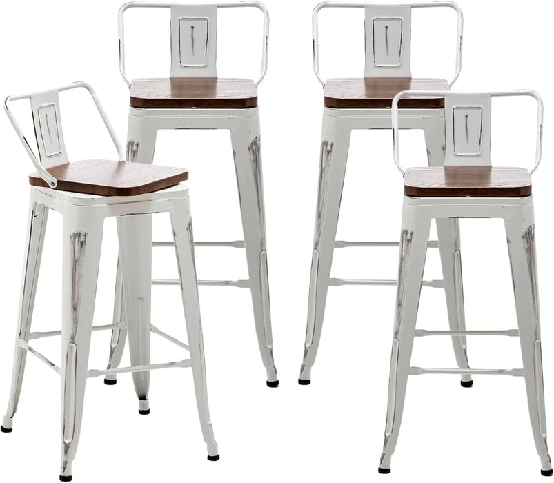 24" Swivel Metal Barstools Set of 4, Counter Height Bar Stools Industrial Bar Chairs with Modern Wooden Top-Low Back, Distressed White