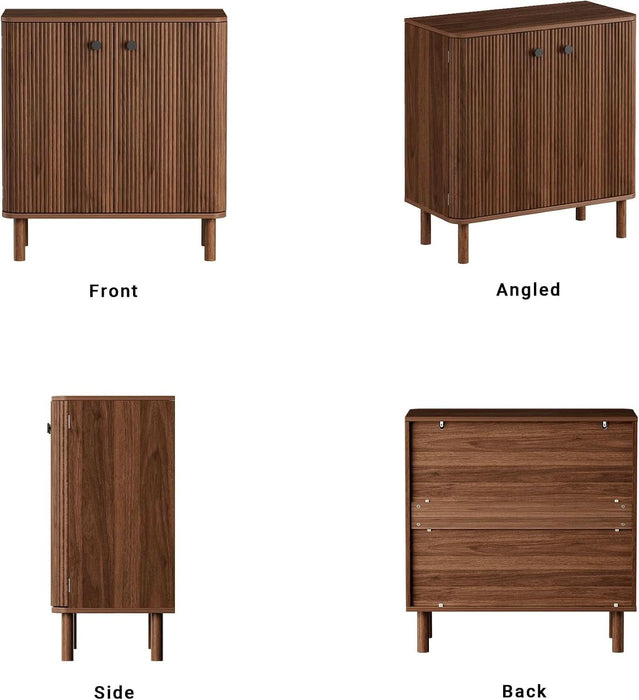 Fluted Sideboard Buffet Cabinet with Storage, 31'' Solid Wood Leg Walnut Wood Buffet with Adjustable Shelves, 210° Wide-Open Door, Rounded Credenza for Kitchen Living Room Entryway