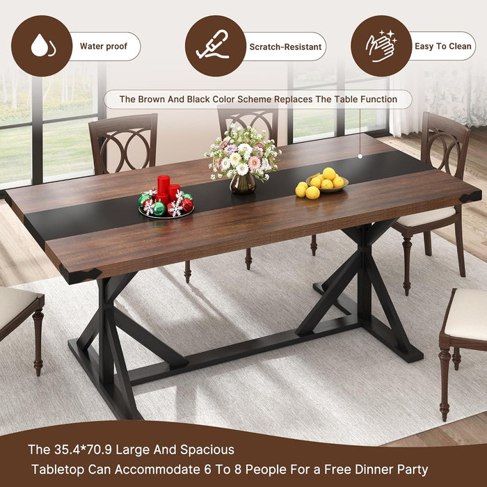 71 Inch Dining Table for 6 People, Rectangular Kitchen Farmhouse Table W/Thickness Waterproof Wood Tabletop,Long Dining Room Tables W/Wood Strip Base for Kitchen Living Room(Brown&Black)