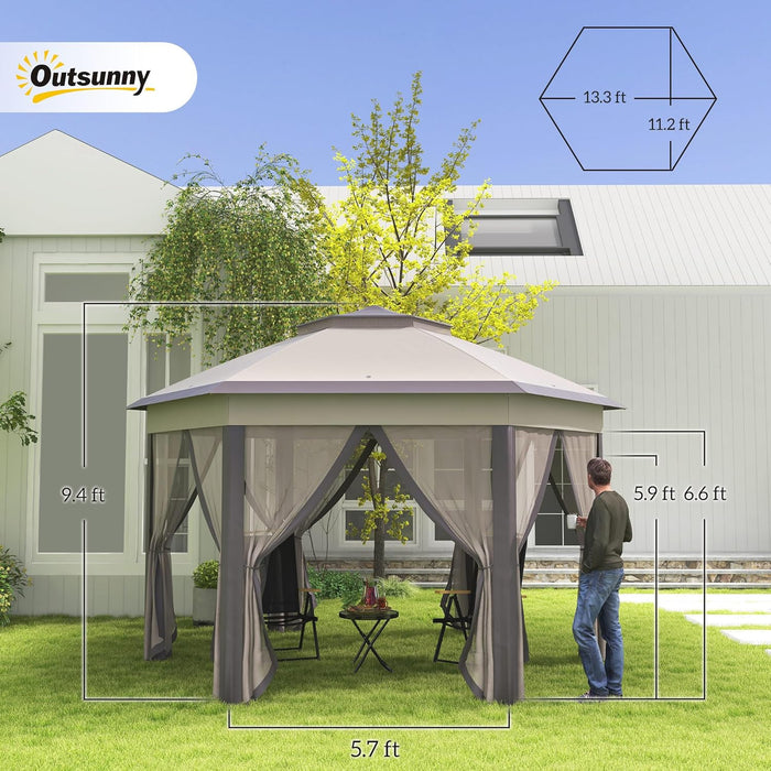 13' X 13' Pop up Gazebo, Hexagonal Canopy Shelter with 6 Zippered Mesh Netting, Event Tent with Strong Steel Frame for Patio Backyard Garden Wedding Party, Coffee and Beige